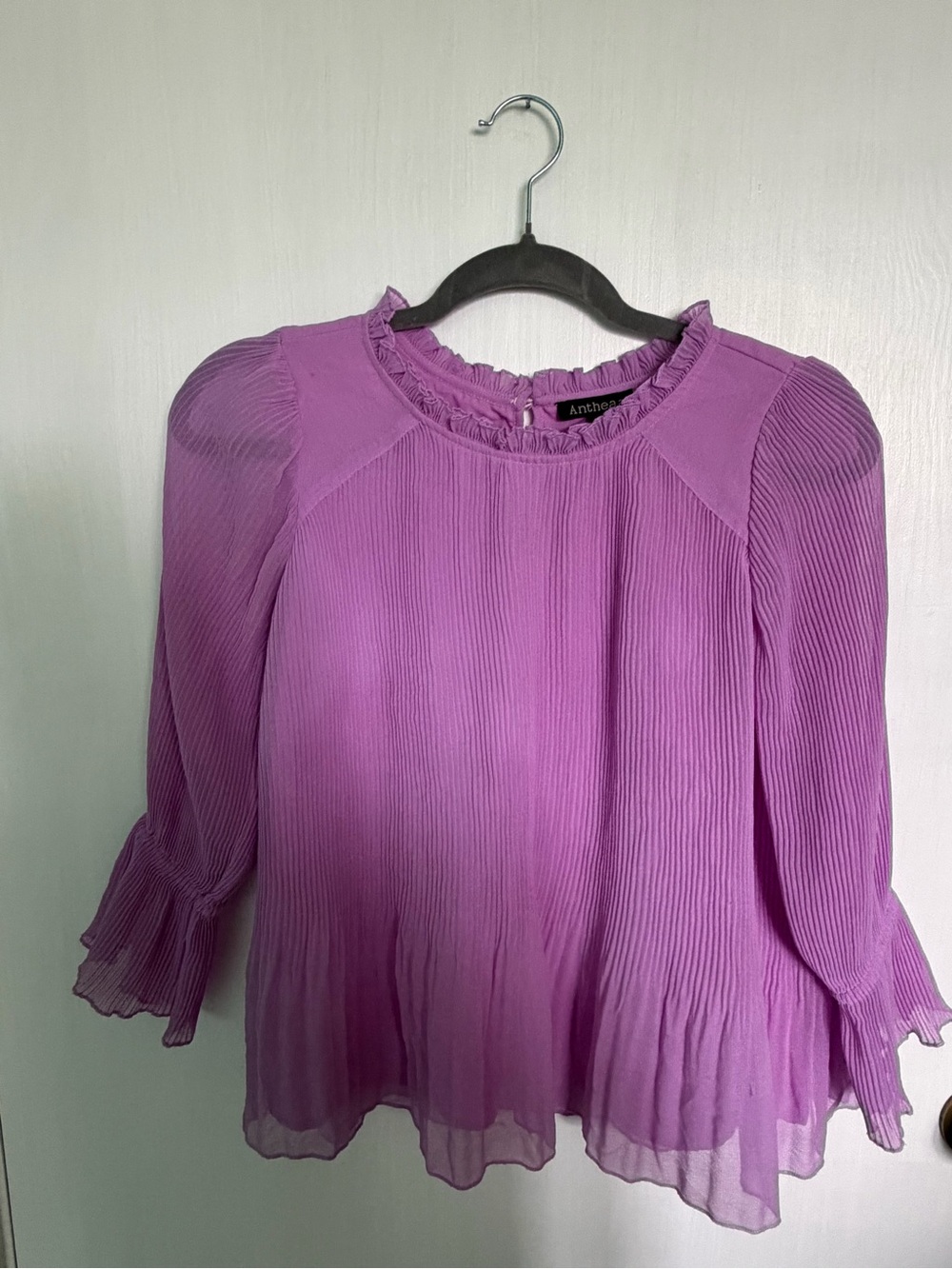 Lavender Pleated Ruffle-Neck Blouse